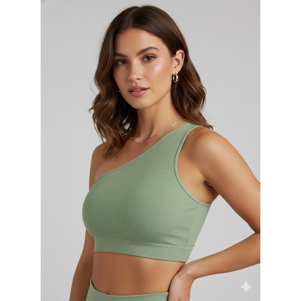 Nikibiki Sage Green Ribbed One Shoulder Crop Top Asymmetrical Seamless Knit OS